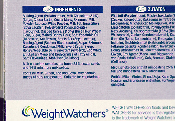 WeightWatchers Rich Toffee Bars Ingredients